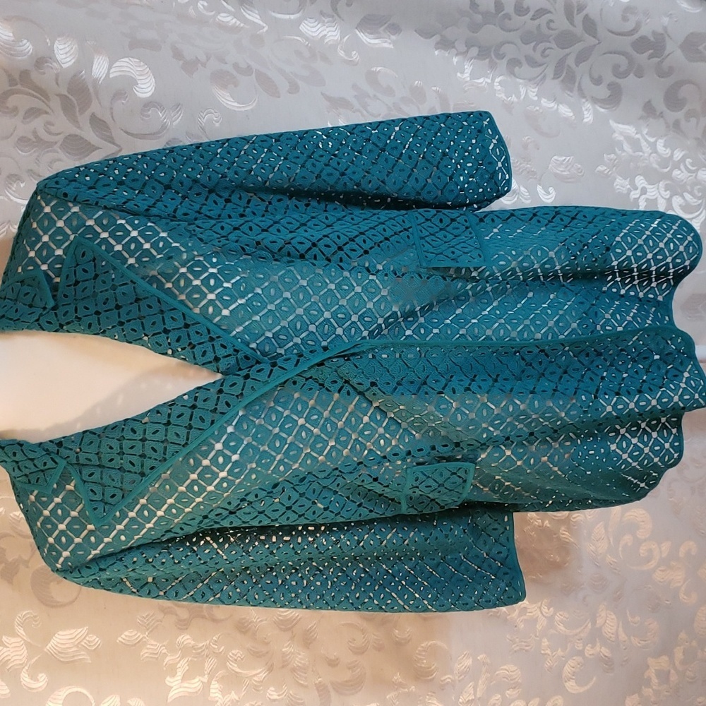 Carlisle Collection Teal Open Weave Diamond Pattern Jacket, 6